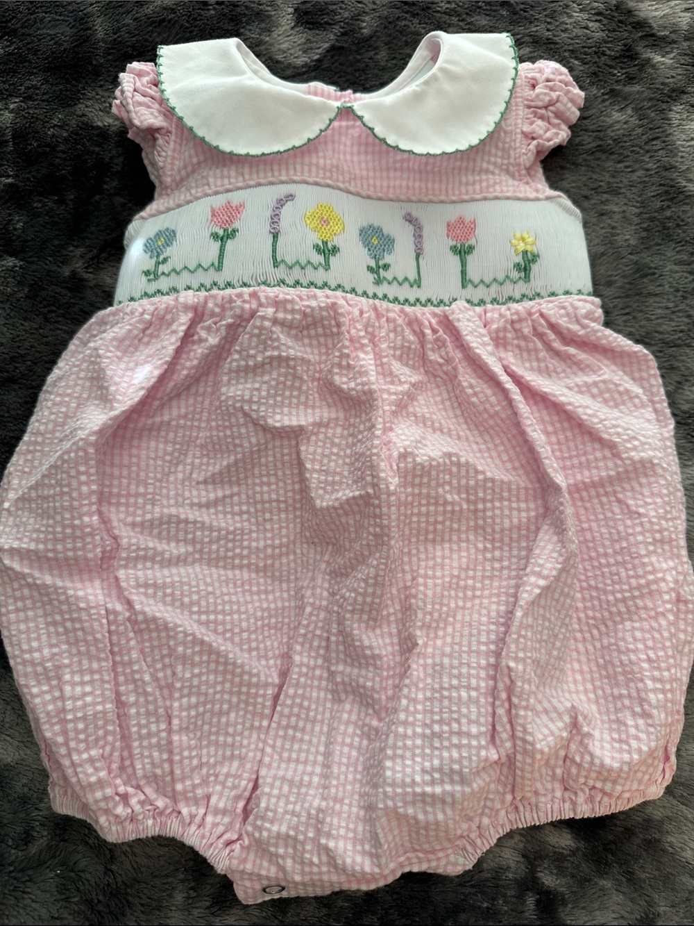 Lulu Bebe Pink Smocked Floral Baby One-Piece with Peter Pan Collar